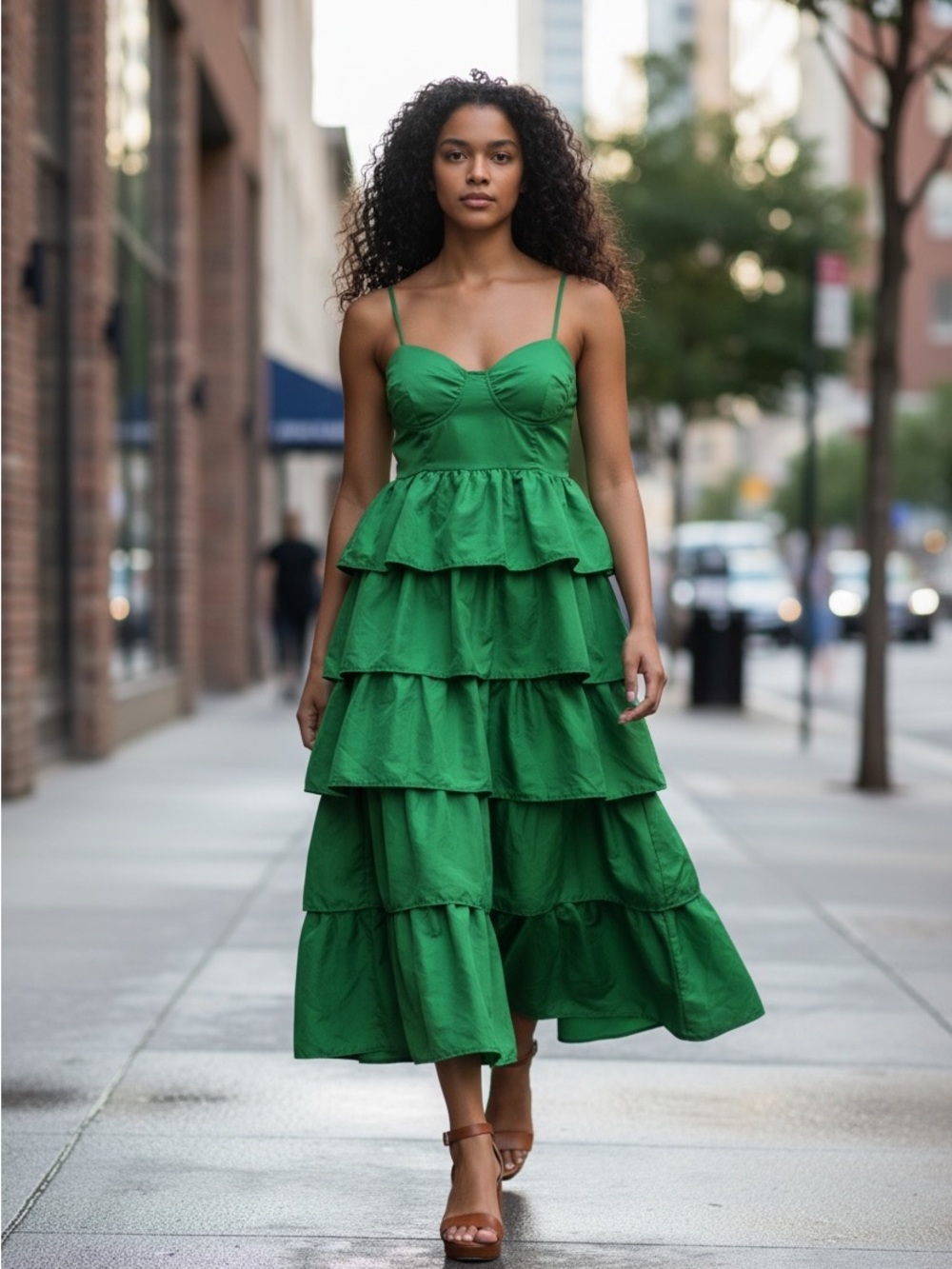 PrettyLittleThing Emerald Tiered Maxi Dress with Spaghetti Straps